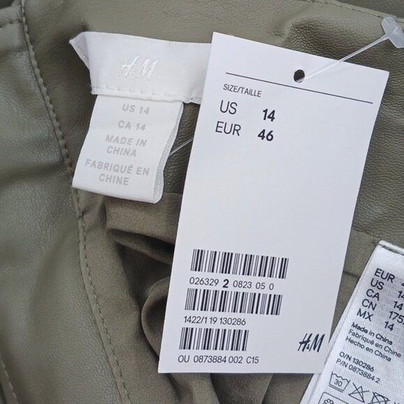 H&M Olive Green Skirt Womens Size 14 Knee Length Pencil Work Office Faux Leather - Picture 5 of 7